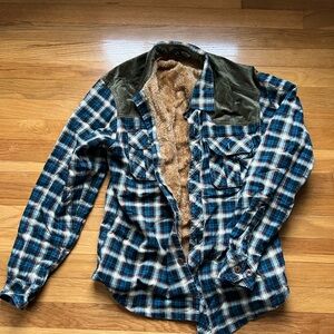Men's Blue Plaid Shirt Jacket with Faux Fur Lining